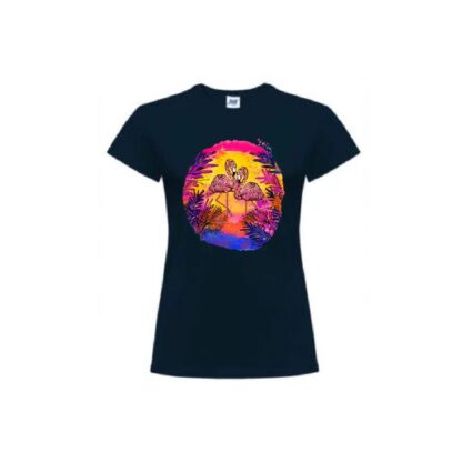 Koszulka damska z krótkim rękawem, t-shirt Flamingo Sunset. Kolor granatowy