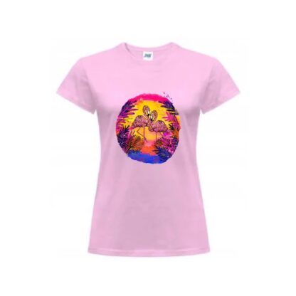 Koszulka damska z krótkim rękawem, t-shirt Flamingo Sunset. Kolor różowy