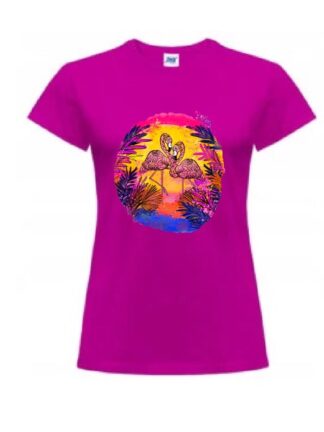 Koszulka damska z krótkim rękawem, t-shirt Flamingo Sunset. Kolor fuksja