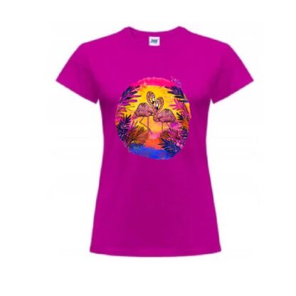 Koszulka damska z krótkim rękawem, t-shirt Flamingo Sunset. Kolor fuksja