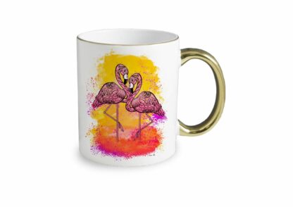 Flamingi żółte, flamingo yellow, flamingi zachód słońca - kubek prosty, złote ucho i obwódka