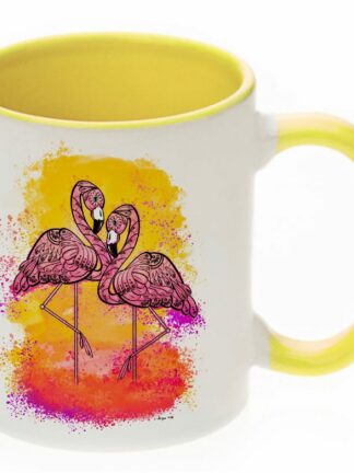 Flamingi żółte, flamingo yellow, flamingi zachód słońca - kubek prosty, żółte ucho i wnętrze