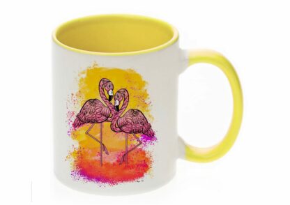 Flamingi żółte, flamingo yellow, flamingi zachód słońca - kubek prosty, żółte ucho i wnętrze